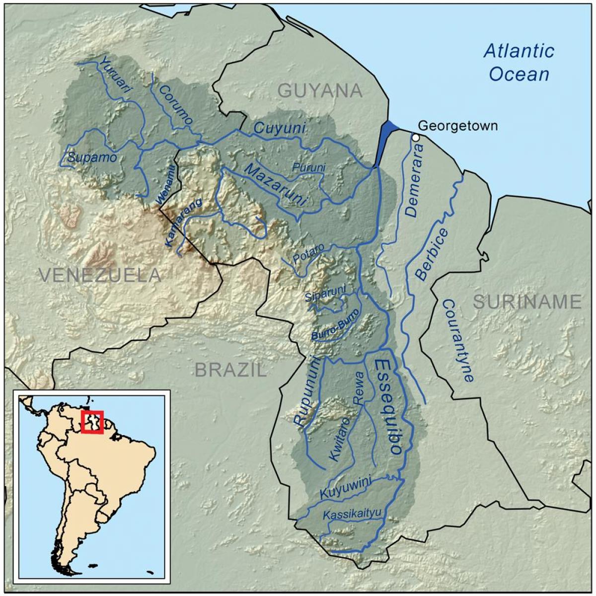 карта Гайана, що показує три основних річок