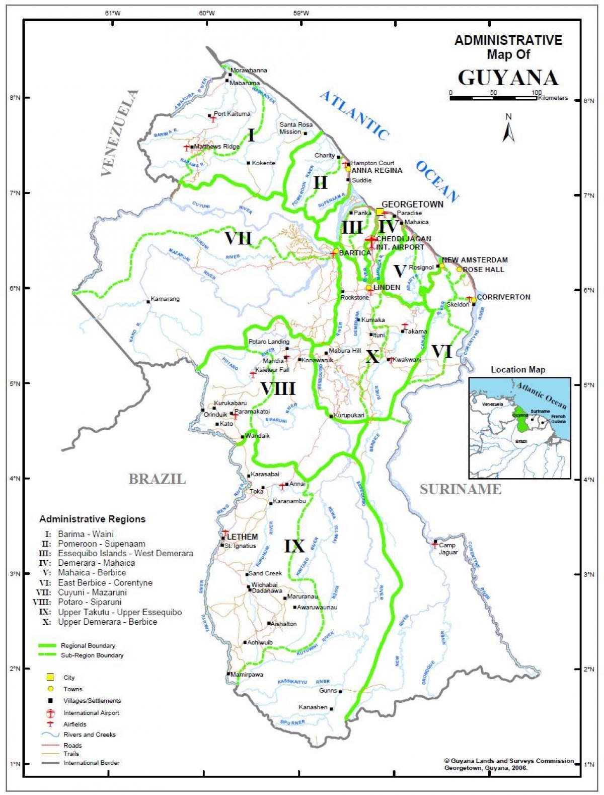 карта Гайани із зазначенням регіонів