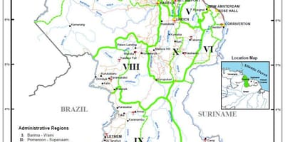 Карта Гайана, показуючи десяти адміністративних регіонів